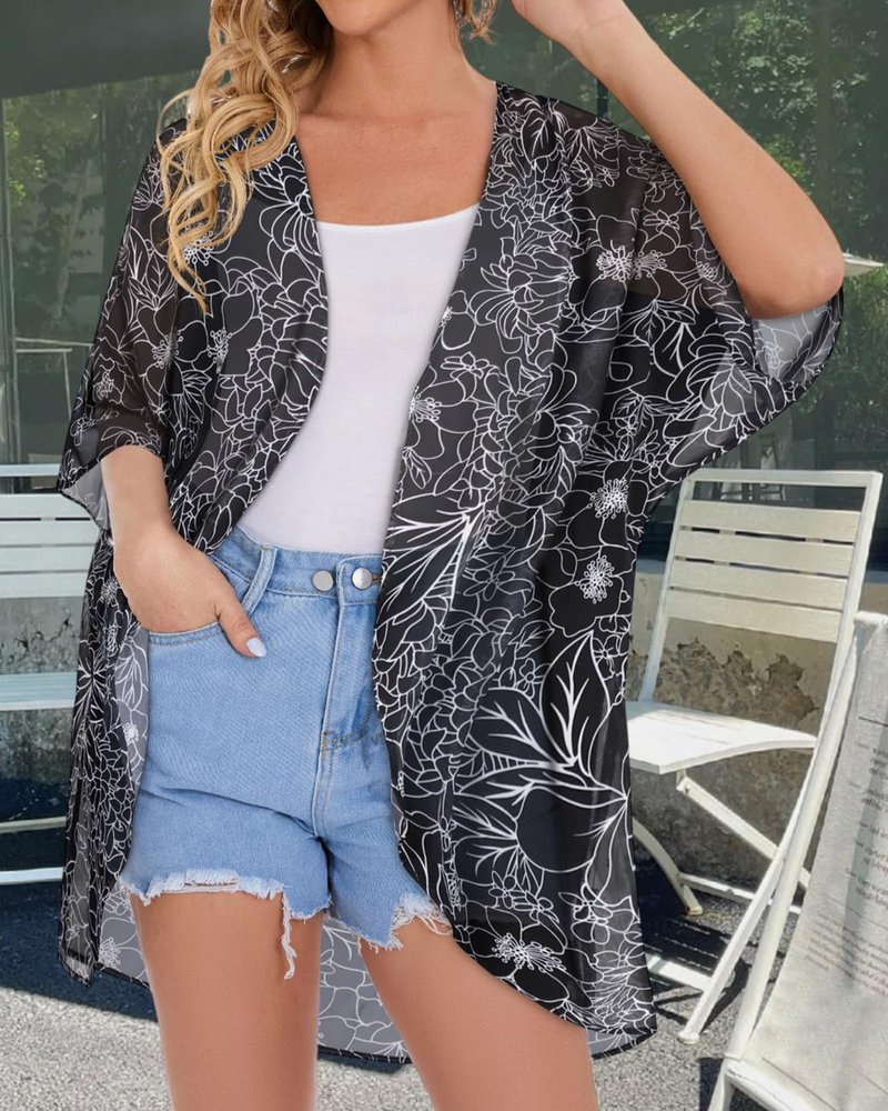 Womens Floral Kimono Cardigans Loose Puff Sleeve Casual Beach Coverups Tops (Black Brief Flowers,XL)