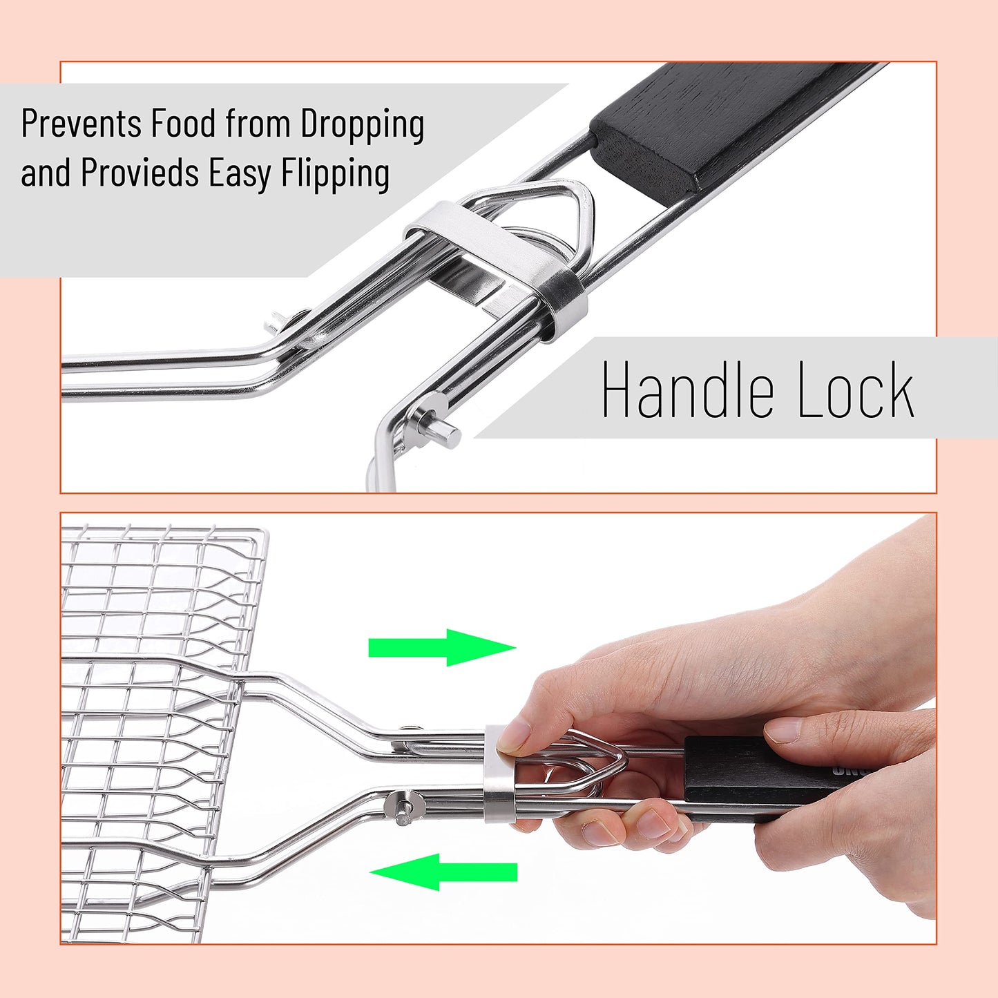 UNCO- Fish Grilling Basket, 2 Sets, Folding Portable Stainless Steel BBQ Grill Basket with Removable Handle and Silicon Basting Brush for Fish, Vegetables, Shrimp, Gifts for Dad, Husband & Friend