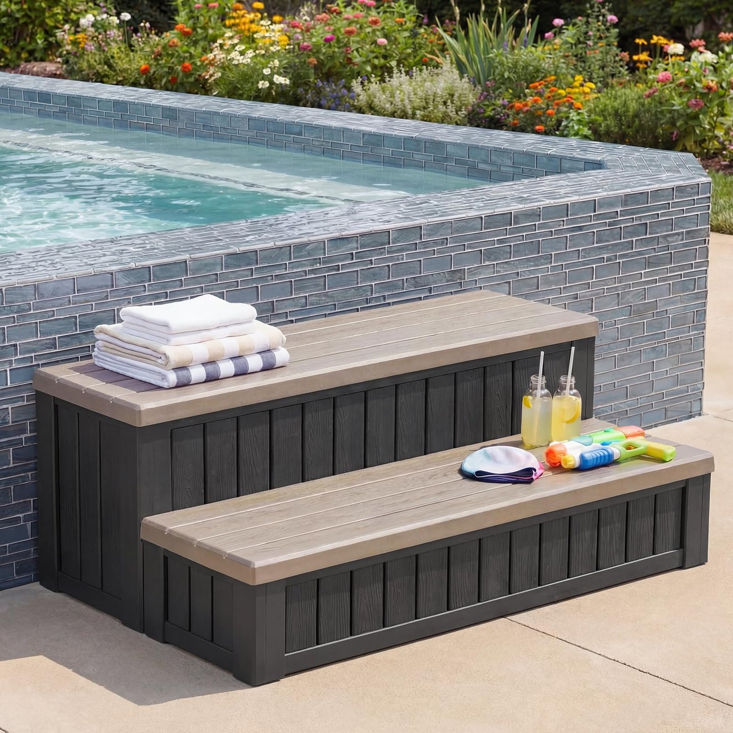 36.6” Hot Tub Steps with Storage, 780 lbs Load Capacity Heavy Duty Outdoor Spa Steps with No-Screw Snap Assembly, Non-Slip Universal Hot Tub Stairs for Spa, Pool, Patio, RV, Porch & Indoor Use, Coffee