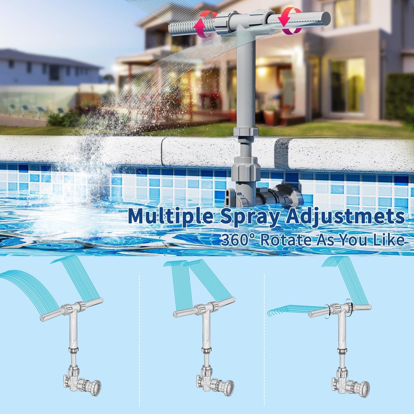 2026 Dual Spray Pool Fountain, 2-in-1 Retractable Height 360° Adjustable Waterfall Sprinkler Fountain, High-Pressure Pool Spray Fountain for Swimming Pool Spa Cooling, Grey