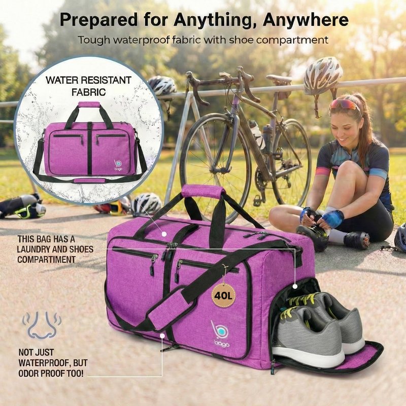 Bago Compact Duffle Bag for Travel Women & Men. Durable Lightweight Foldable Travel Duffel Bags For Traveling Women. 40L Duffle Bags a Reliable Weekender duffel or Overnight Bag With Shoe Compartment