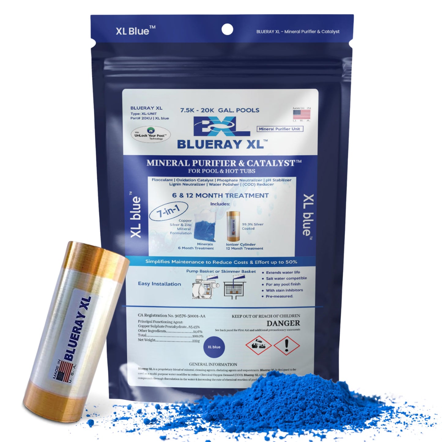 XL Blue Mineral Purifier & Catalyst™ - Water Clarifier for Pools with Mineral Pack & Copper Ionizer – Starter Pack for 7.5K-20K GAL.