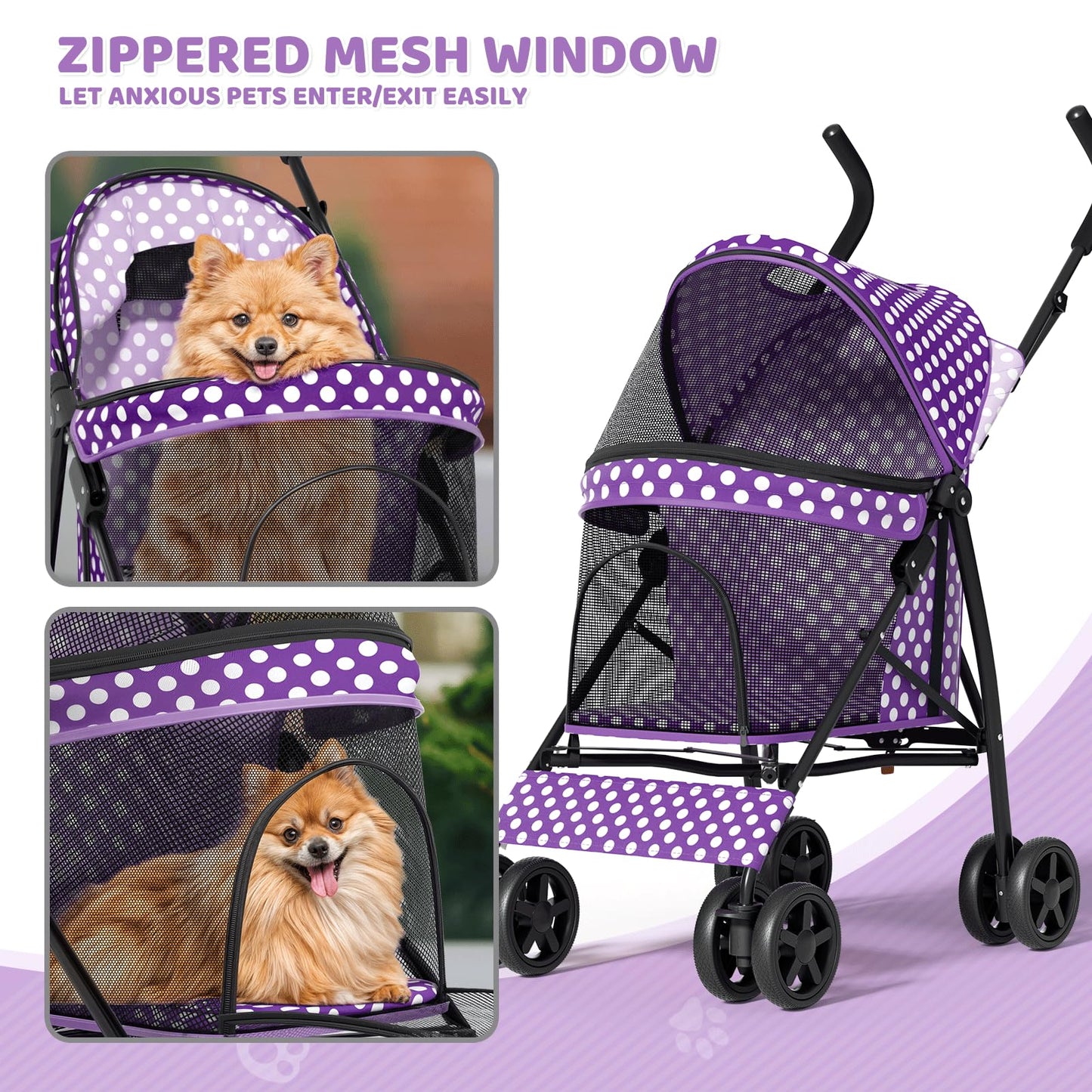 Magshion Compact Pet Stroller for Small-Medium Dogs/Cats up to 22lbs, 4-Wheel Lightweight Umbrella Shaped Portable Puppy Travel Jogger w/Breathable Mesh, Cup Holder & Rear Storage, Purple Polka Dots