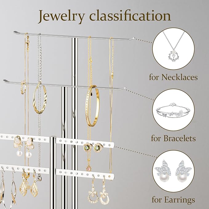 pickpiff Silver Jewelry Stand Holder Organizer: 14.5" Sturdy Hanger for 80 Pcs Jewelry, Jewlery Tower for Display Necklace, Earring, Bracelet, Watch