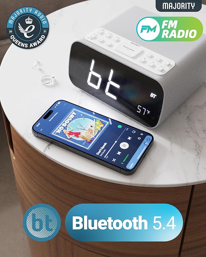 Majority Bluetooth Alarm Clocks with Wireless Charging | Bedside Clock for Bedroom with 10W Power FM Radio | Large Screen Display, Loud Alarm for Heavy Sleepers, and Display Backlit Dimmable Darwin