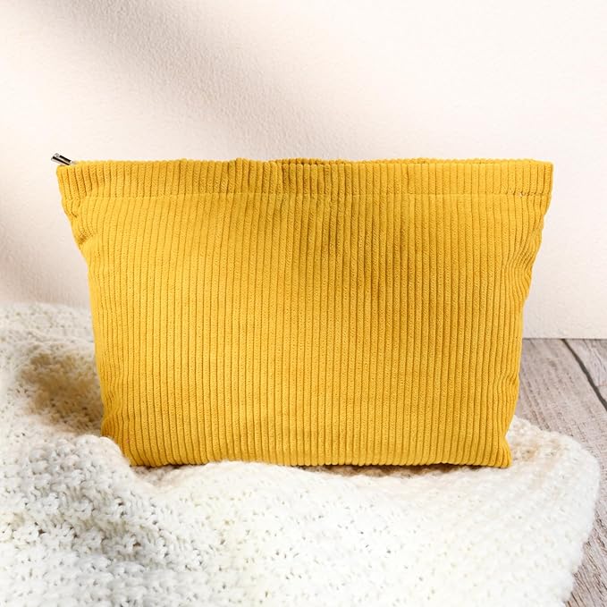SOIDRAM 2 Pcs Corduroy Makeup Bag Large Cosmetic Bag Toiletry Bag Makeup Pouch Travel Bag Organizer Cute Makeup Brushes Aesthetic Accessories Storage Bag for Women Mustard Yellow