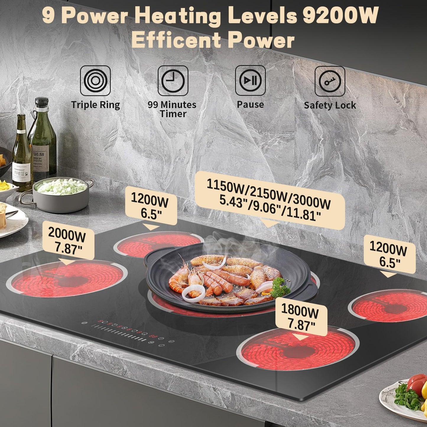Jessier Electric Cooktop 36 Inch - 9200W High Power 5 Burners Electric Stovetop, Built-in 36 Inches Ceramic Burner Knob and Touch, Timer, Safety Lock, Expandable Ring, 220-240V Hard Wired (No Plug)