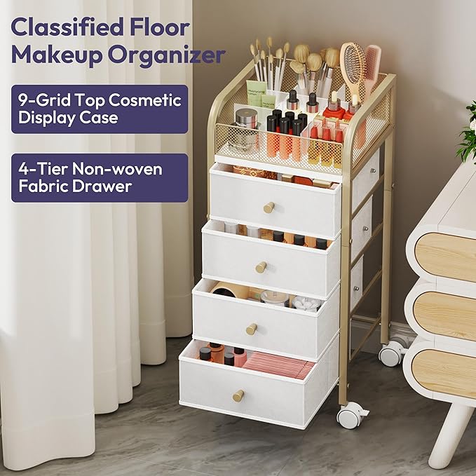 SWTYMIKI Rolling Makeup Organizer Cart - Under Desk Vanity Makeup Storage with 4 Non-woven Drawers, Nail Cart Organizer Cosmetic Display Cases Cabinet for Skin Care Perfume Nail Polish Brush Hair Tool