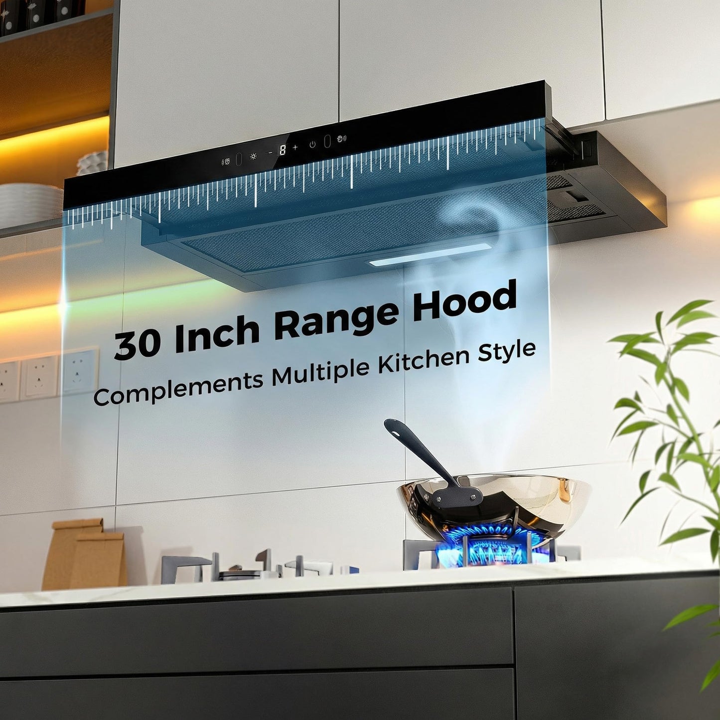 MOMOKOVA Range Hood 30 Inch Under Cabinet, Kitchen Hood with 750 CFM, 3-Speed Gesture Sensing & Touch Control, Stainless Steel Vent Hood with Pull-out Panel, LED Lights, 2 Pcs Aluminum Filters