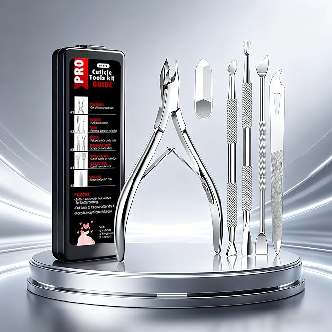 Cbiumpro 5-Pack Cuticle Trimmer Set with Pusher, Cutter, Scraper, Nipper, Clipper, Professional Stainless Steel Cuticle Remover Tools Kit for Fingernails & Toenails - with Case