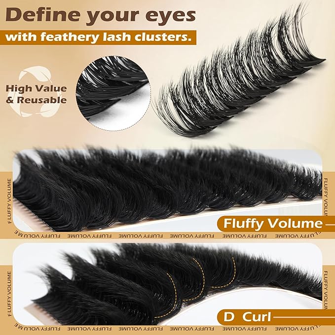 Focipeysa Fluffy Volume Lash Clusters DIY Eyelash Extension Kit D Curl Thick Lash Clusters Kit 10-18mm Thick Lash Extensions 90D Individual Eyelashes Extensions Kit with Lash Bond Lash Remover