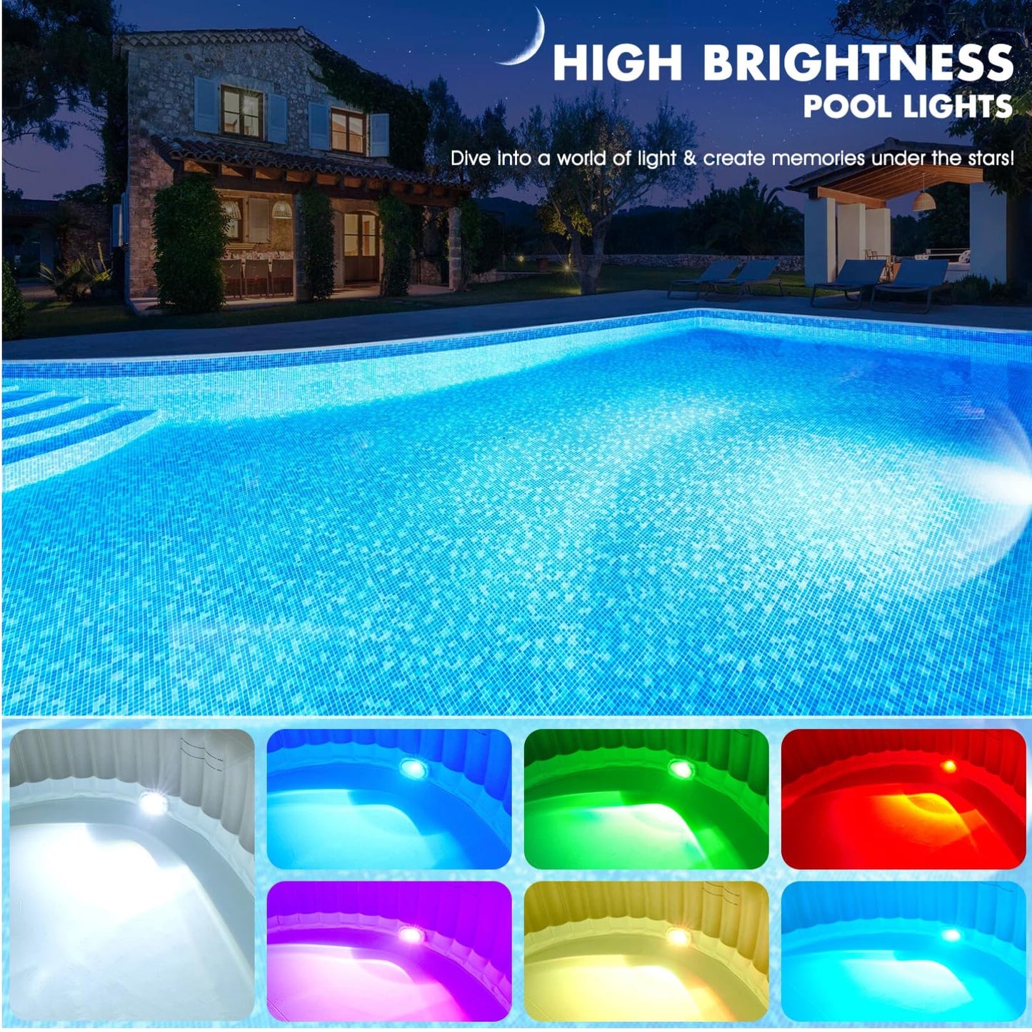 PoolBliss Rechargeable Submersible Pool Lights with Remote, 5000mAh Underwater Led Pool Light for Above Ground Pool Lights Waterproof, 9 Modes Color Changing Magnetic Swimming Inground Pool Lights-2PC