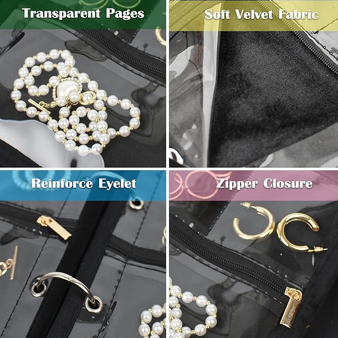 Travel Jewelry Organizer Case,Jewelry Bags Jewelry Storage Book Binder with Clear Zipper Velvet Pouch for Traveling,Earrings, Rings, Necklace, Bracelet