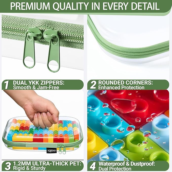 YQBRAO 3-Pack Clear Hard Shell Zipper Case Green, 1.2mm Heavy-Duty Crush-Proof Travel Makeup Bag, TSA Approved Clear Zipper Pouches, Rigid Toiletry & Diaper Bag Organizer for Tech, Toys & Art Supplies