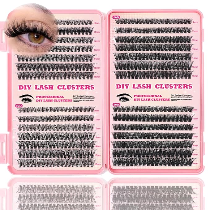 Lash Clusters Kit, 560 Pcs Eyelashes Clusters Kit 9-16mm Individual Lash Extension Kit D Curl Fluffy Wispy False Eyelashes (40D+50D+60D+80D, Lash Clusters)
