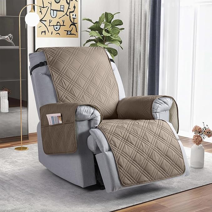 TAOCOCO 100% Waterproof Recliner Chair Covers, Non Slip Recliner Covers for Recliner Chair with Pocket, Washable Reclining Chair Cover Furniture Protector for Kids,Dogs(25'', Gray Taupe)
