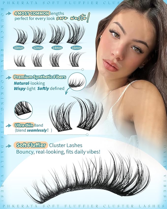 PHKERATA Natural Lash Clusters Kit 180Pcs Wispy Cluster Eyelash Extensions Kit, C Curly DIY Lash Extension Kit with Bond and Seal & Tweezers, Soft Individual Lashes for Everyday Look, 10-16mm