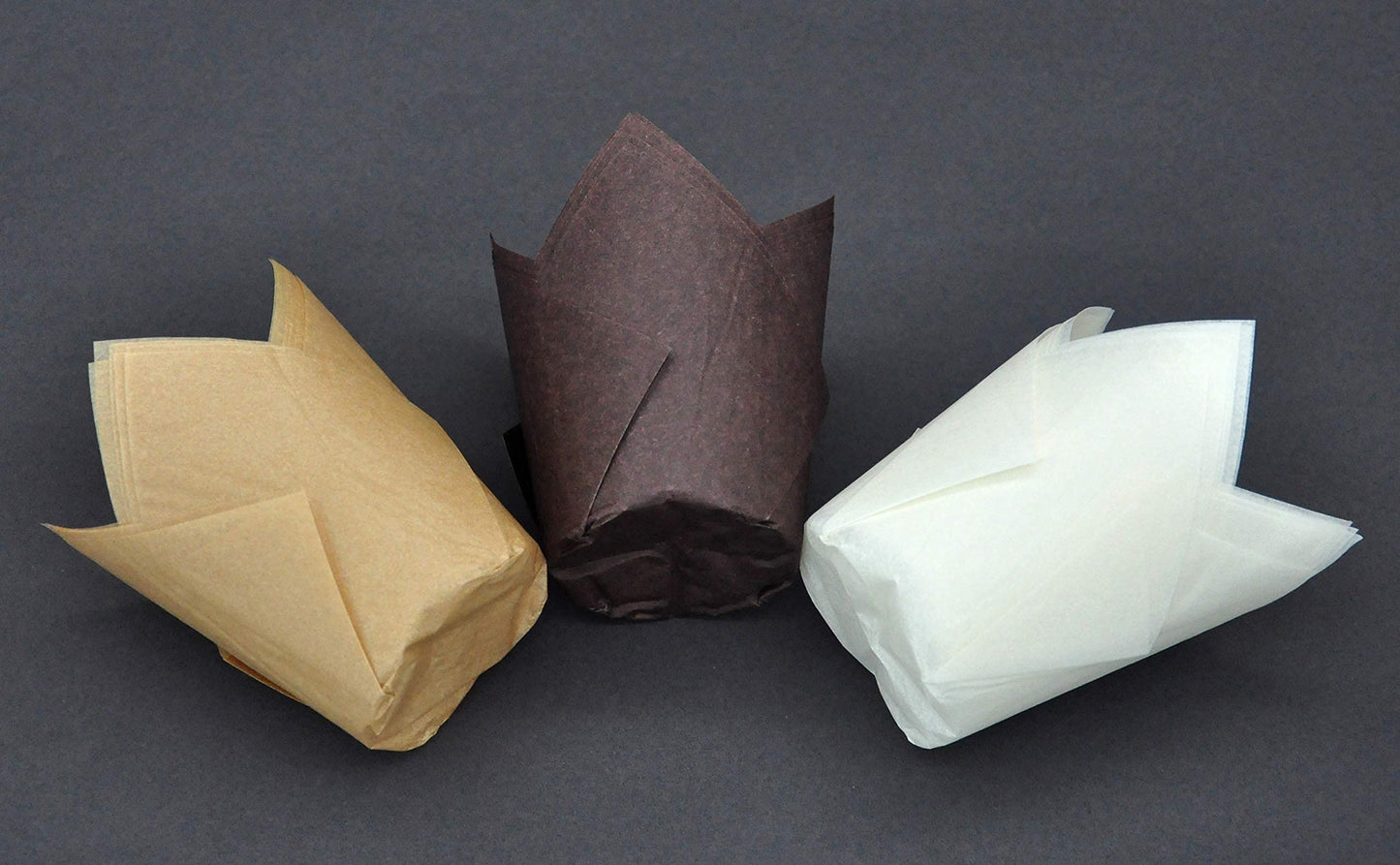 QLSmypkg Large Greaseproof paper Wrappers Muffin Baking cupcake cups liners, 2-1/4" x 4" Natural,Brown,White 3 colours in a box Tulip Baking Cups Holders 125 pcs (Large) (125, Multi 3)