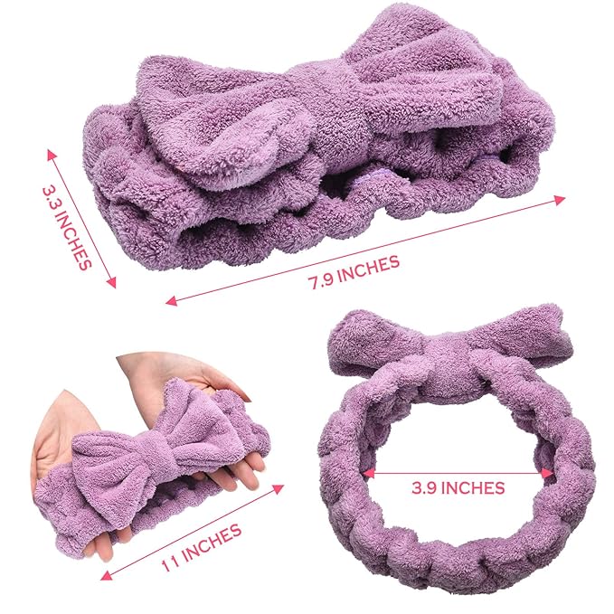 Hicarer 3 Piece Microfiber Bowtie Hairband Set for Women - Chic Purple, Chic Red, Turquoise - Securing Hair, Shower, Facial - Hair Accessories