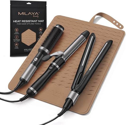 Milaya Beauty Extra Large Heat Resistant Mat for Hair Tools – Silicone Curling Iron Holder & Flat Iron Holder – Non-Slip Hot Tool Mat & Vanity Mat – Vanity Accessories for Women, Salon, Travel