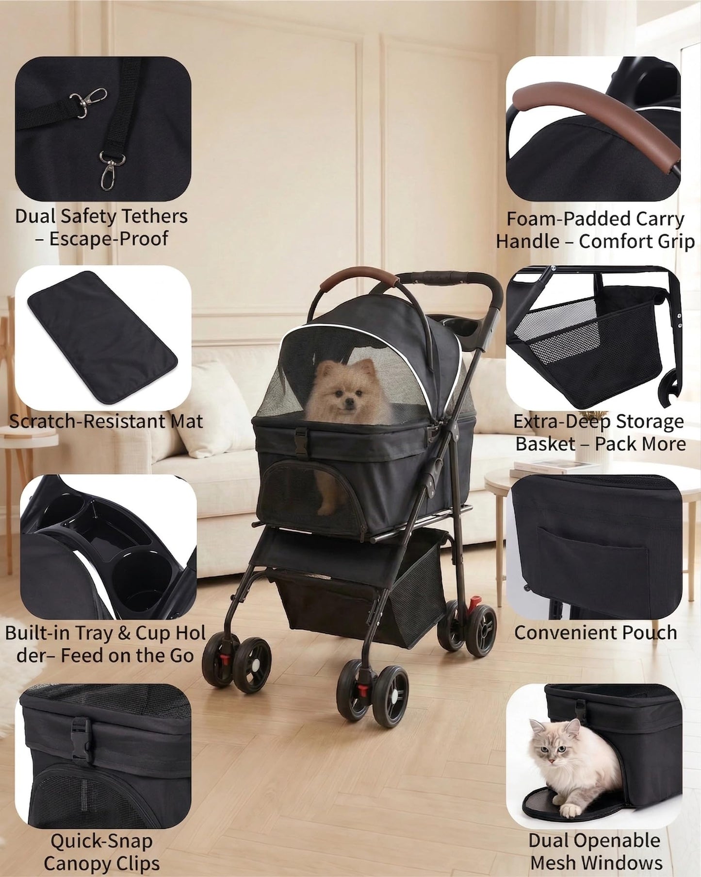 Pet Stroller with Removable Carrier, 35lbs Capacity - One-Click Foldable Dog Stroller, Cat Carrier & All-Terrain Wheels, Compact Travel Pet Stroller for Small to Medium Pets-Black