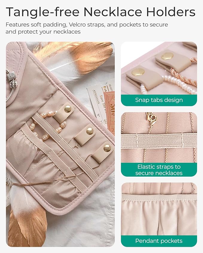 BAGSMART Travel Jewelry Organizer Case Foldable Small Jewelry Roll for Journey Rings, Necklaces, Earrings, Bracelets,Mini,Soft Pink