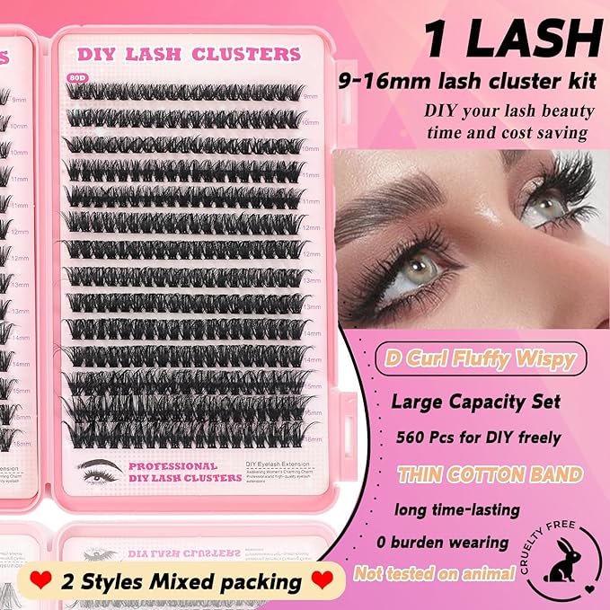 Lash Clusters Kit, 560 Pcs Eyelashes Clusters Kit 9-16mm Individual Lash Extension Kit D Curl Fluffy Wispy False Eyelashes (60D+80D, Lash Clusters)