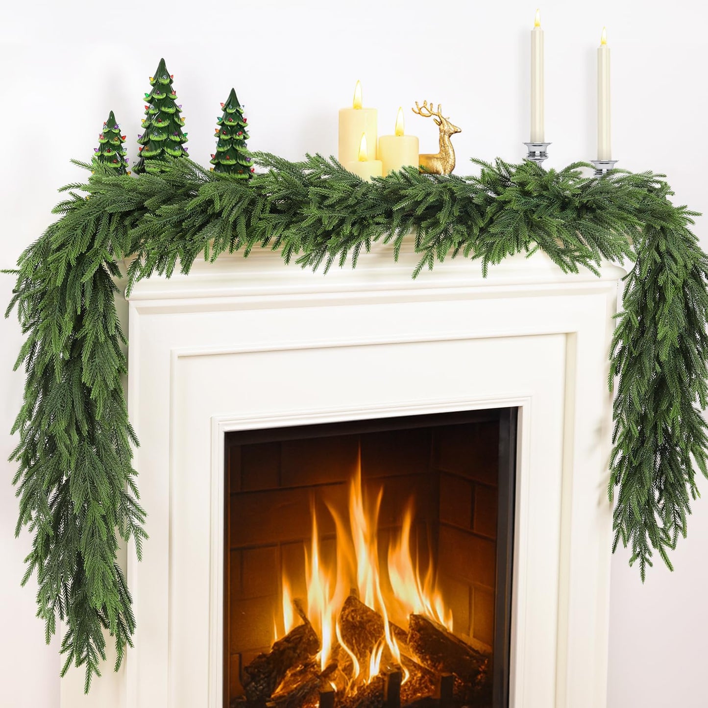 TOWPONICS 12FT（2 * 6FT） Christmas Norfolk Pine Garland, Real Touch Faux Green Garlands, Winter Artificial Greenery Garland for Mantle, Stairs, Table, Fireplace, Indoor & Outdoor Xmas Decorations
