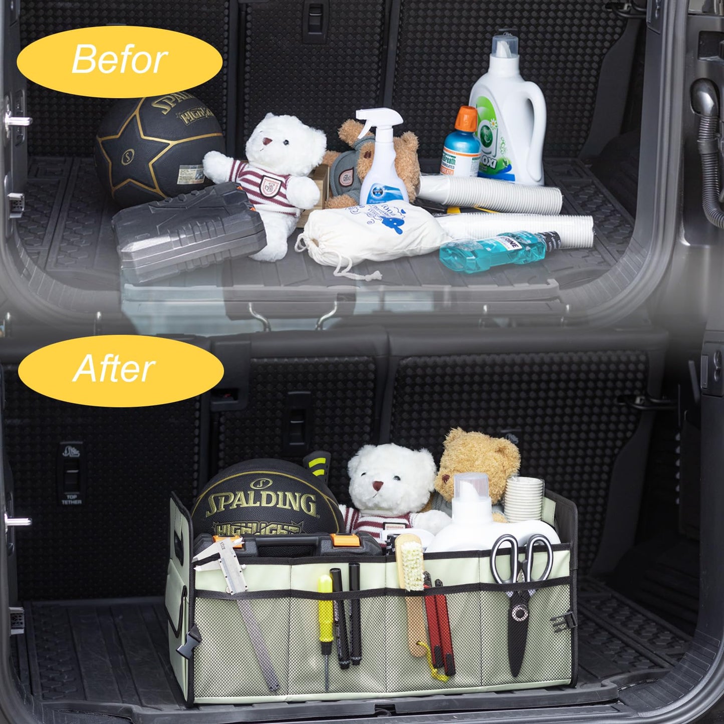 JiatuA Car Trunk Organizer, Car Organizers and Storage Collapsible Multi Compartment Container Box, Adjustable Car Accessories for SUV Sedan Truck, Standard Size, Light Green