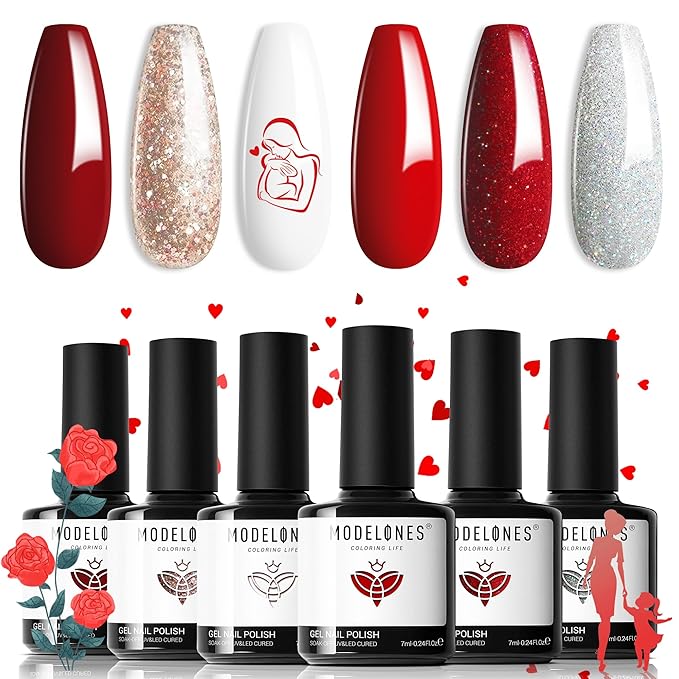 modelones Red Gel Nail Polish Set 6 Colors, 2026 Mothersday White Glitter Sparkle Bright Burgundy Dark Rose Champagne Silver Candy Cane Nail Polish Kit Soak Off Nail Art Salon DIY Gift Women