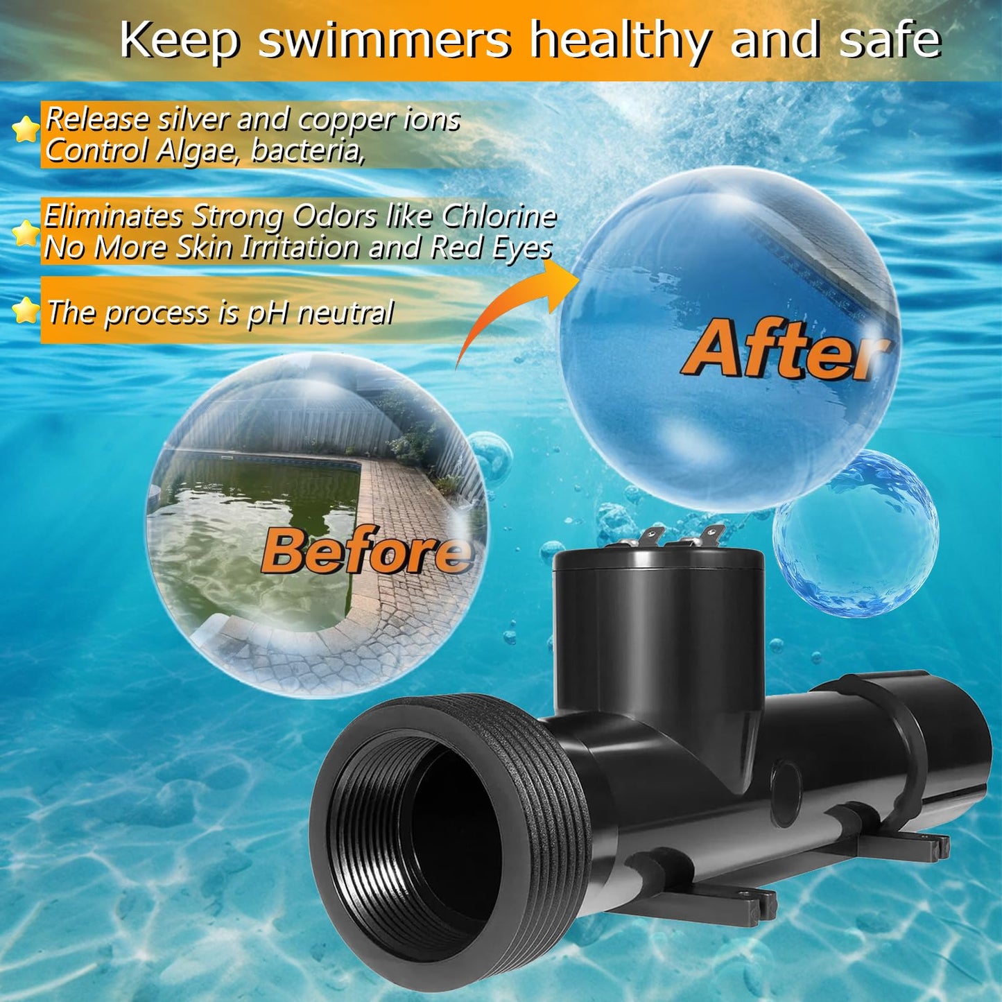 Pool Ionizer,4CH4002-R Pool Cleaner Ionizer Replacement Chamber for Hybrid Pool Treatment System,Fit for Above-Ground Pool, Hot Tub/Spa,In-Ground Pool (4CH4002-R)