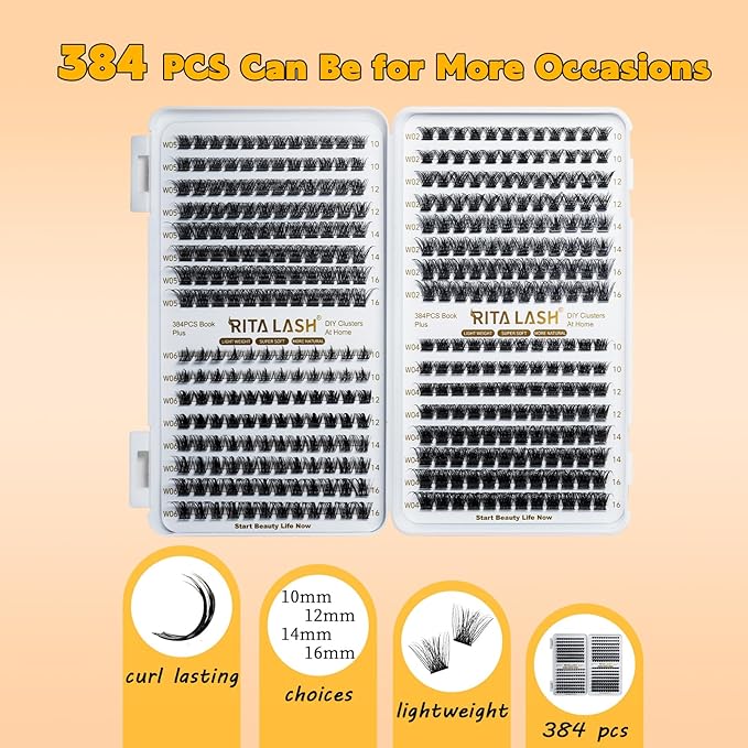 RITALASH Lash Clusters 384pcs 4 Style DIY Cluster Lashes Clusters Eyelash Extensions 10-16mm False Eyelashes Individual Lashes Wispy Lash Extension Natural Look(W02+W04+W05+W06 Lashes)
