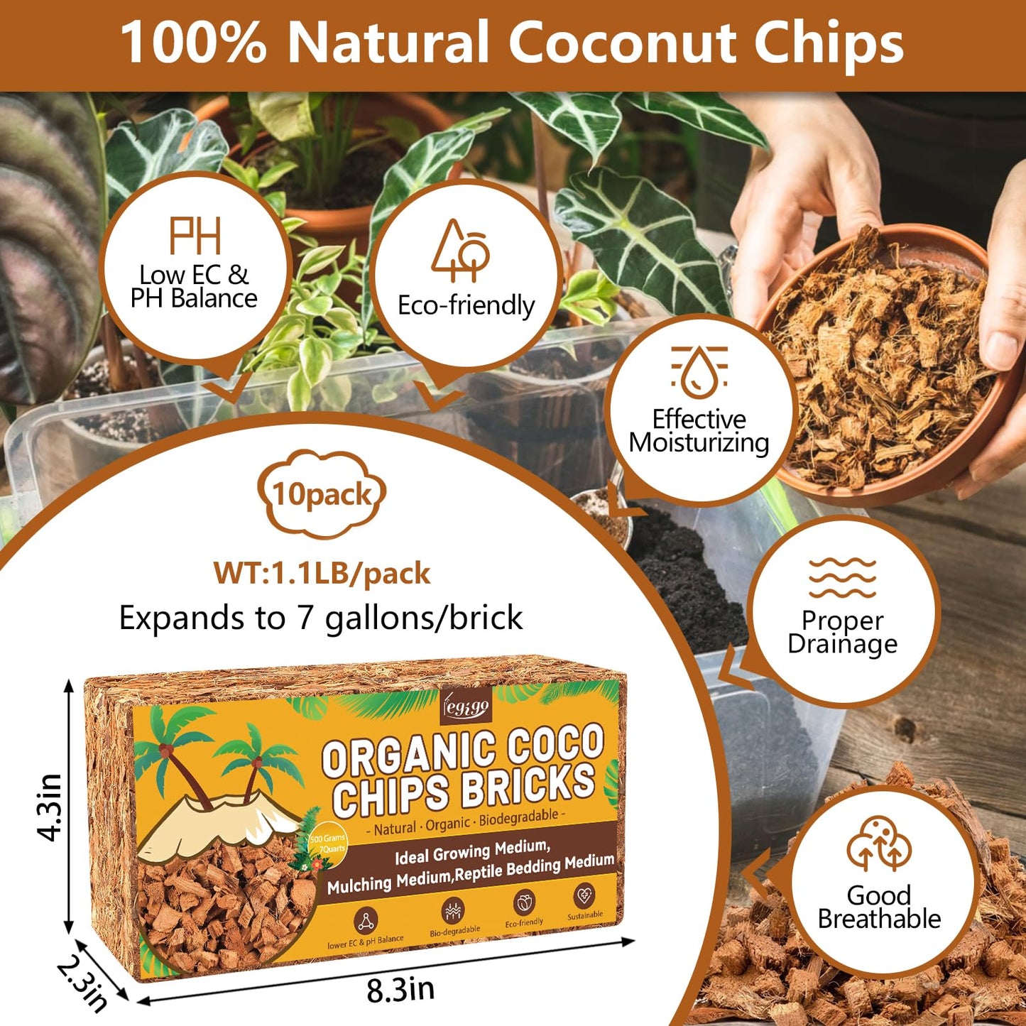 Legigo 10 Pack Coco Coir Chips for Plants- 11 LB 100% Organic Coconut Chips Brick Potting Mix with Low EC & PH Balance, Coconut Husk Substrate Coco Husk Mulch for Garden, Planting, Orchid and Soil Mix