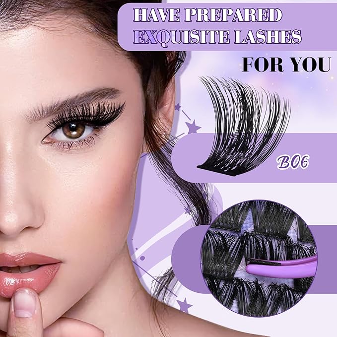 B&Q Wispy Lash Clusters Kit B06, DIY Lash Extension Kit 156PCS Eyelash Extension Kit, Soft Natural Lash Clusters 8-18MIX D Curl Lash cluster, Thin Black Band Cluster Eyelash Extensions (B06 Set)