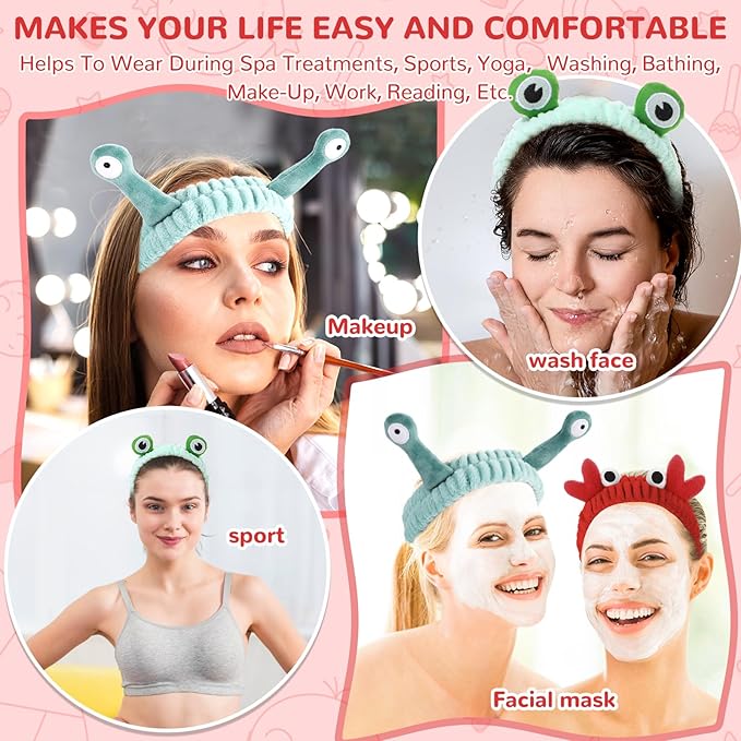 3 Pack Spa Headband Face Wash Hairband Facial Makeup Head Wraps Cartoon Elastic Head Band Cute Frog Snail Crab Shower Headband Creative Hair Accessories for Beauty Skincare Sports