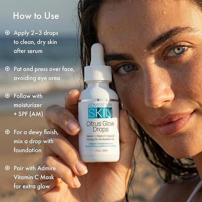 Admire My Skin Vitamin C Gua Sha Oil for Face - Organic Facial Oil for Glowing Skin with + Argan & Rosehip Oils - For a Dewy, Youthful Glow 1oz