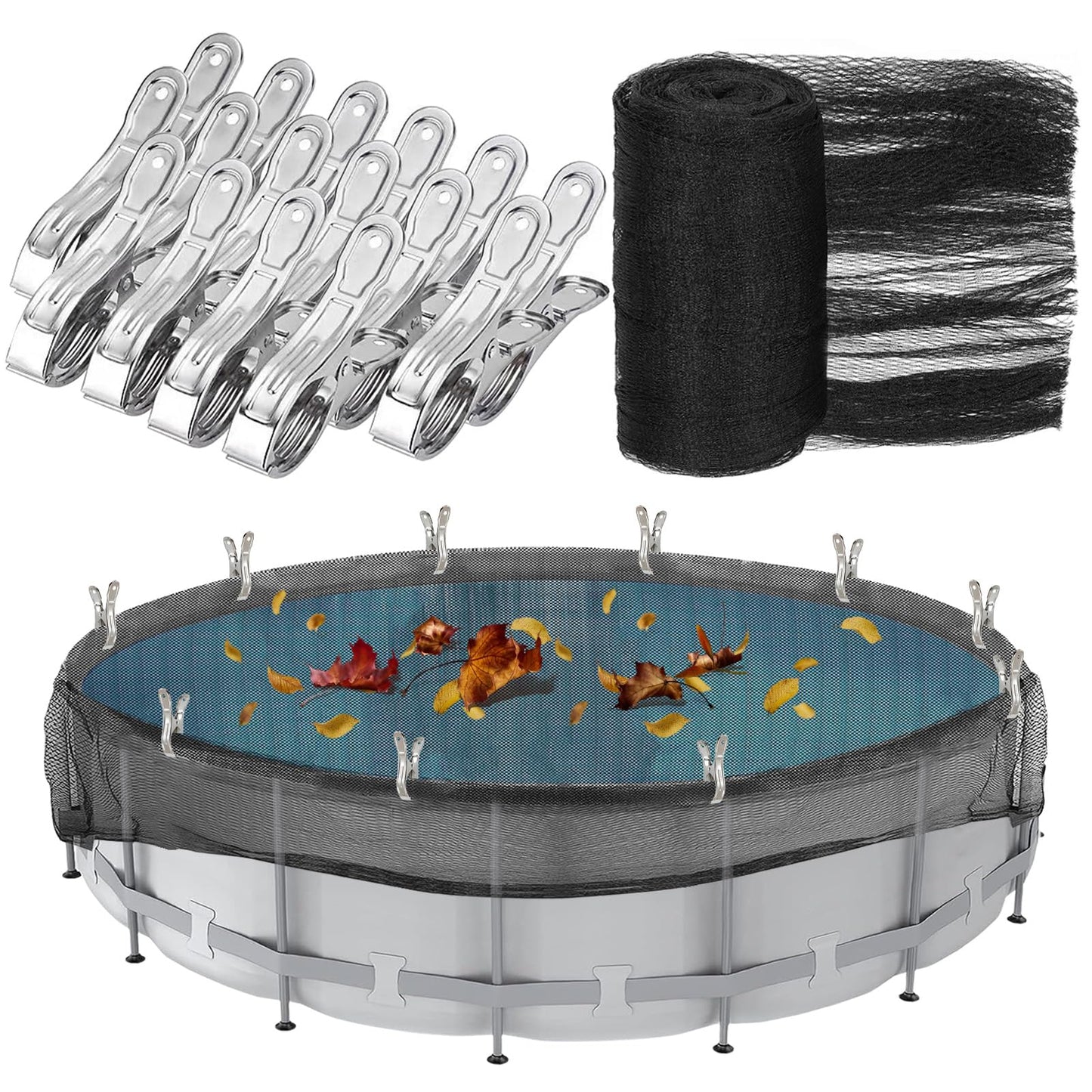24 Feet Round Leaf Net Cover for Above Ground Pool, Winter Cover Mesh Cover with 16 Pcs Large Metal Clips，Pool Safety Net Fits 24FT Above Ground Pools, Keeps Leaves Out of Your Pool （Black）