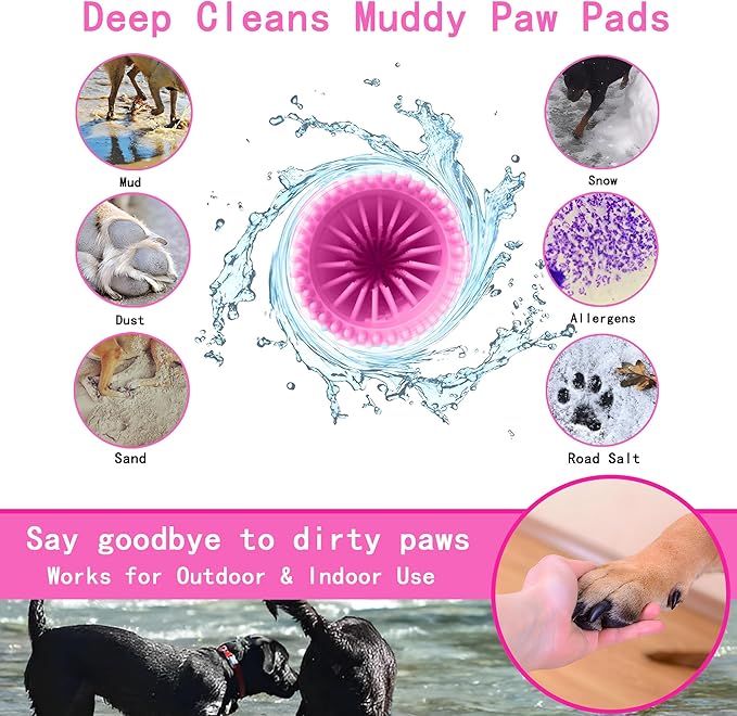 Dog Paw Cleaner Kit for L/XL Dogs - Quick Clean No Full Bath, 2-in-1 Paw Wash Cup with Detachable Silicone Brush Head, Includes Bath Brush & 3 Absorbent Towels, Pink