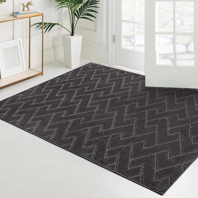 PURRUGS Easy Care Area Rug 4ft x 6ft, Non-Slip Machine Washable Entry Rug, Dog Door Mat, Stain Resistant Accent Rug for Hallway, Bedroom, Living Room and Mudroom, Charcoal