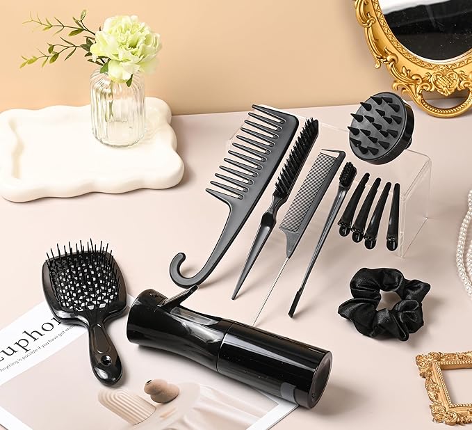 12 Pcs Hair Styling Brush Set with Detangler, Teasing, Rat Tail, Edge Brushes and Baby Hair Brushes - Soft Bristles for Baby Girls and Women (Black)
