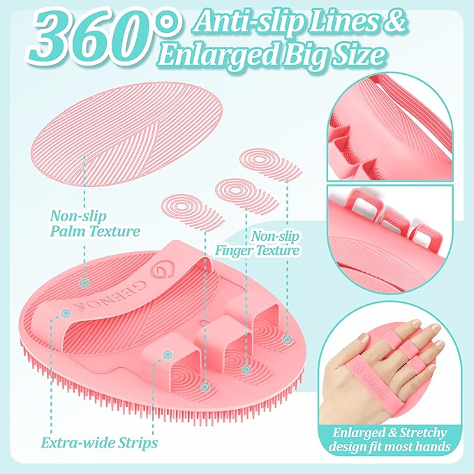 Silicone Back/Body/Face Scrubber & Soft Bath Glove Set 4PCS, Gentle Exfoliating Back & Body Scrubber with Dual-Side Brush Head, Hand-fit Bath Glove & Face Scrubber for Deep Cleaning(Pink-4PC)