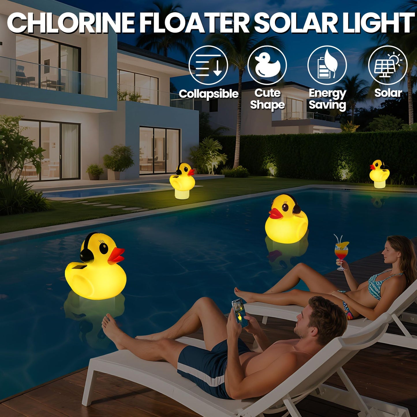 KingSom 2025 Upgraded Pool Chlorine Floater, Duck chlorine Floaters with Light, Solar Chlorine Floaters w/Adjustable Flow, Large Capacity Floating chlorines Dispenser for Pools,pool Chlorinator,Yellow