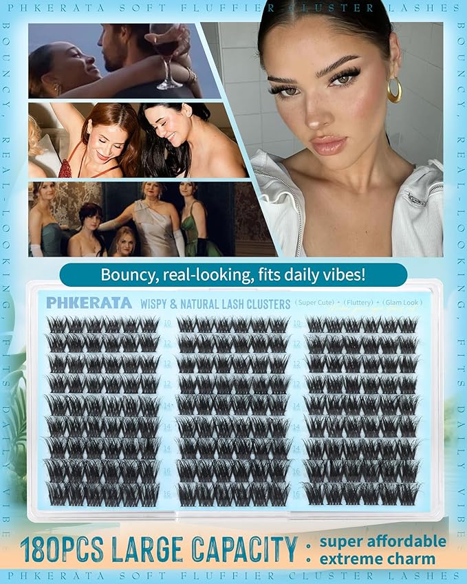 PHKERATA Fluffy Lash Clusters Wispy Eyelash Clusters Natural C Curl Cluster Eyelash Extensions Volume Individual Lashes DIY Eyelash Extension with Soft Thin Band, 10-16mm