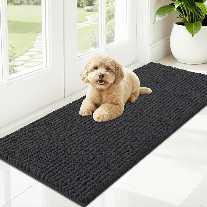 OLANLY Dog Door Mat for Muddy Paws 47x20, Ultra Absorbent Chenille Mud Doormat, Non-Slip Washable and Dirt Trapping Doormat for Indoor Entryway, Quick-Dry Indoor Pet Bed Mats for Dogs, Dark Grey