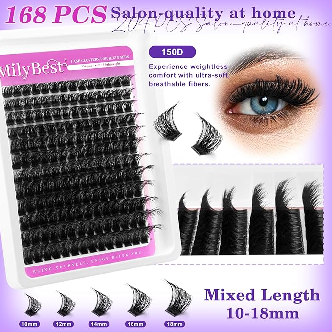 MilyBest Lash Clusters Kit 564Pcs Eyelash Clusters Lashes Wispy Cluster Eyelash Extensions Kit 3 Styles Fluffy Lashes Clusters 10-18mm Volume DIY Individual Eye Lash Clusters Lash Box with Bond&Seal