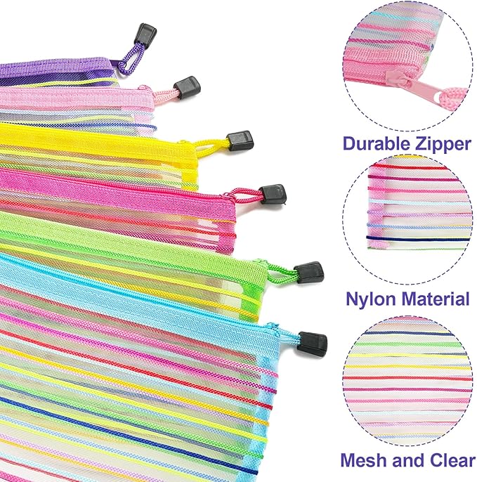Mesh Bags with Zipper (6 Pack), Small Nylon Makeup Bag Cosmetic Pouches Travel Organizer for Purse Diaper Bag Home Organizing Striped Mix 6 Colors