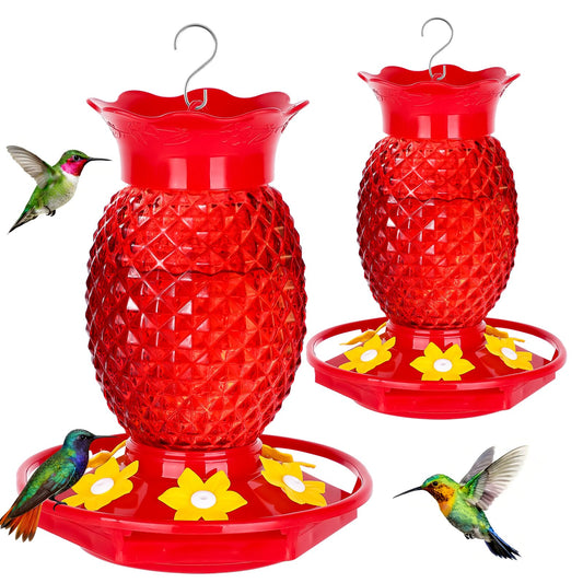 Fchstaer Glass Hummingbird Feeders for Outdoors Hanging 16oz 2 Pack Red Pineapple Bee & Ant Proof 360Â°Perch Leakproof Easy Clean with 6 Feeding Ports Gifts for Mom