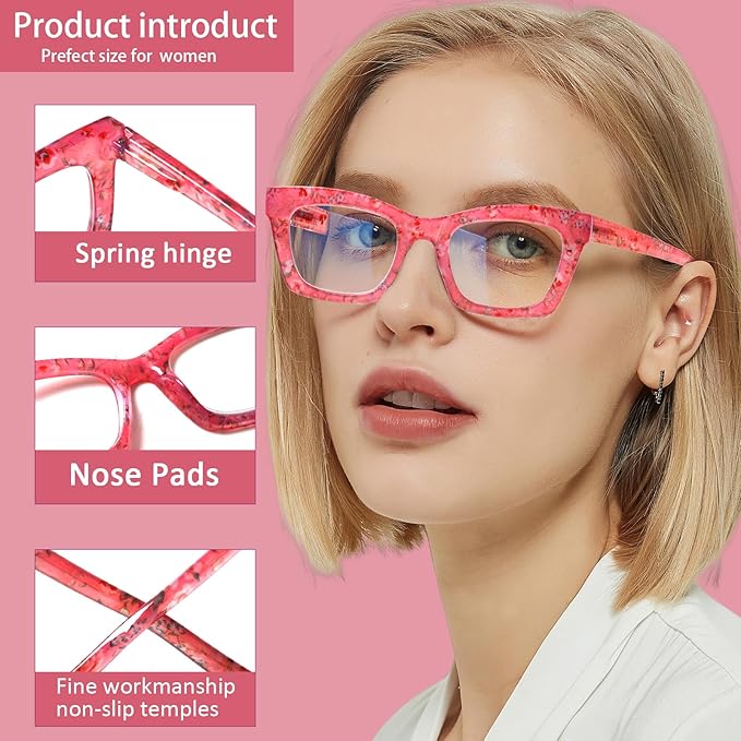 6 Pack Oprah Style Reading Glasses for Women Blue Light Blocking Computer Square Readers with Spring Hinge (Mix Color-6, 1.75, x)
