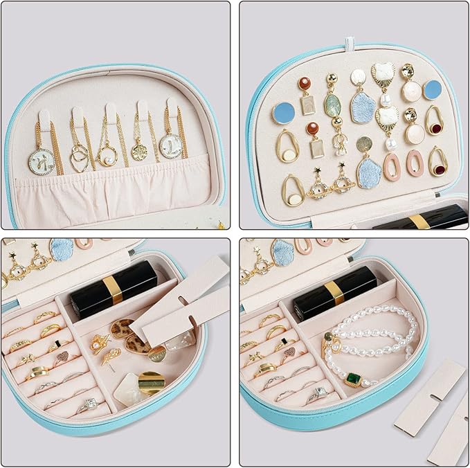 ProCase Travel Size Jewelry Box, Medium Portable Seashell-Shaped Jewelry Case, 2 Layer Jewelry Organizer in PU Leather for Women -Blue
