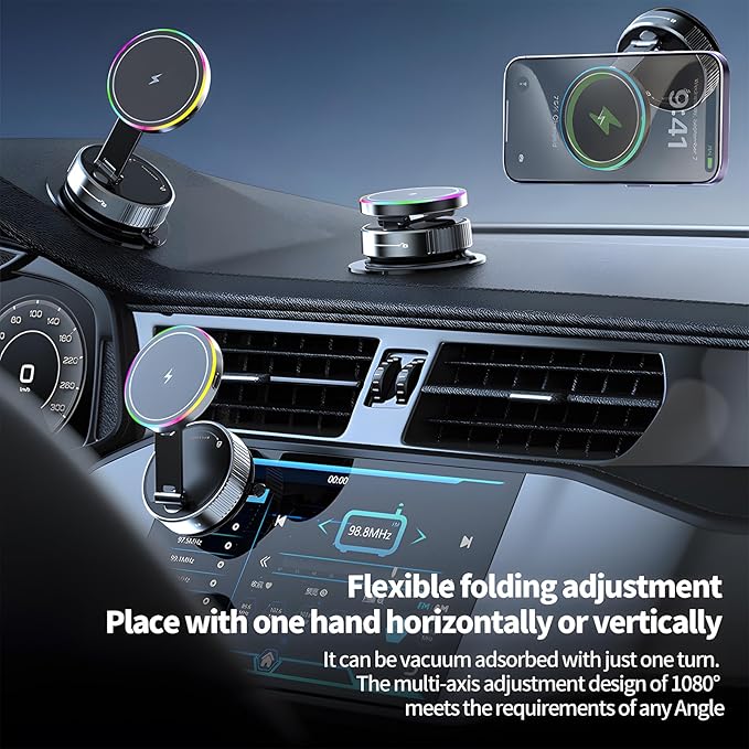 Wireless Charger Car Phone Holder for Magsafe,360°Adjustable Vacuum Magnetic Phone Holder,Nano Gel Suction Cup/RGB Light Suction Cup Mount for Non Smooth Surfaces Compatible iPhone&Android